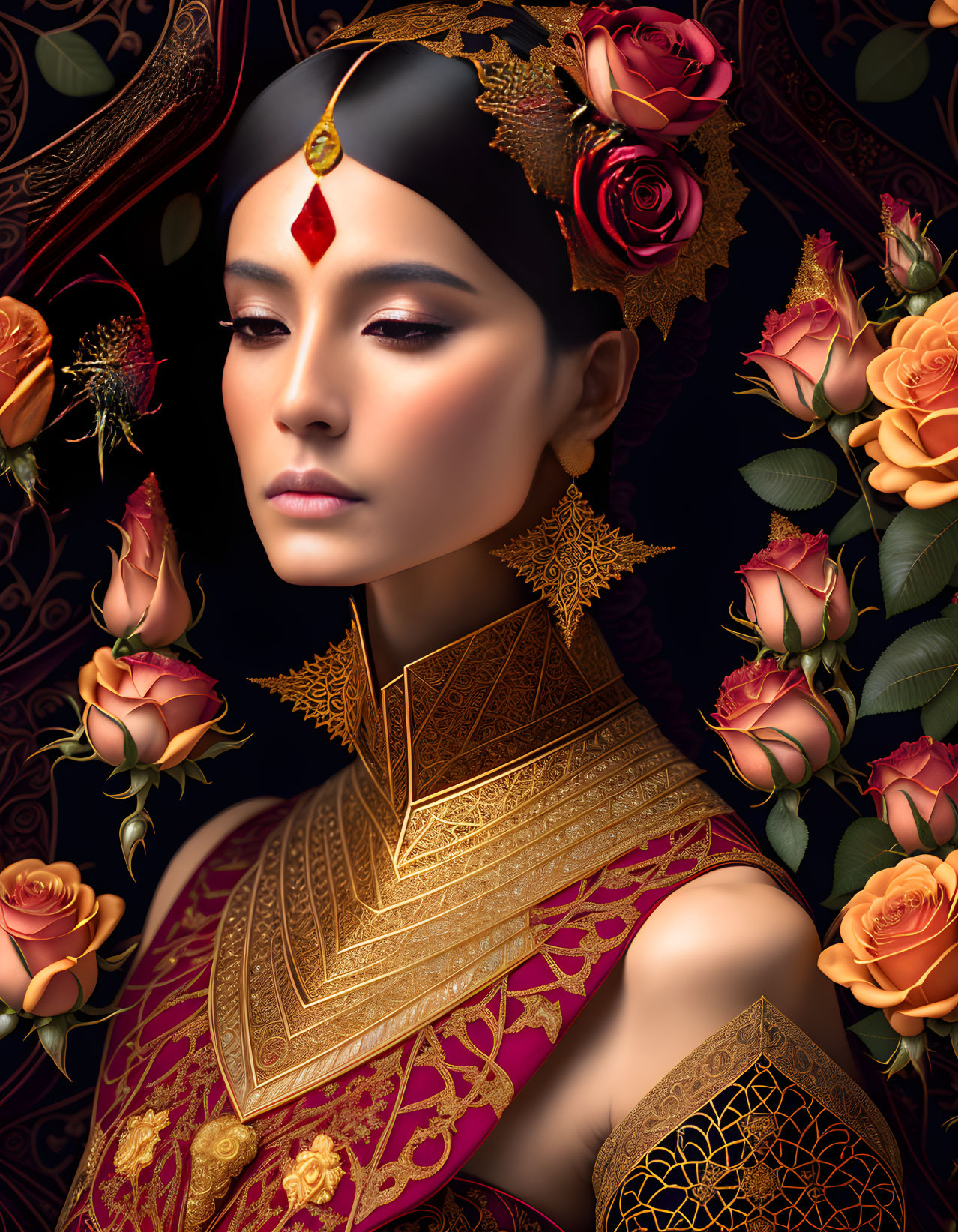 Stylish woman with gold jewelry and red bindi among roses on dark background