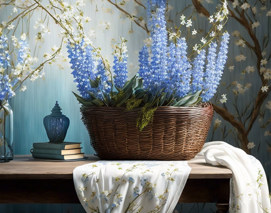 Vibrant blue flowers in wicker basket on wooden table with books, lantern, and floral cloth