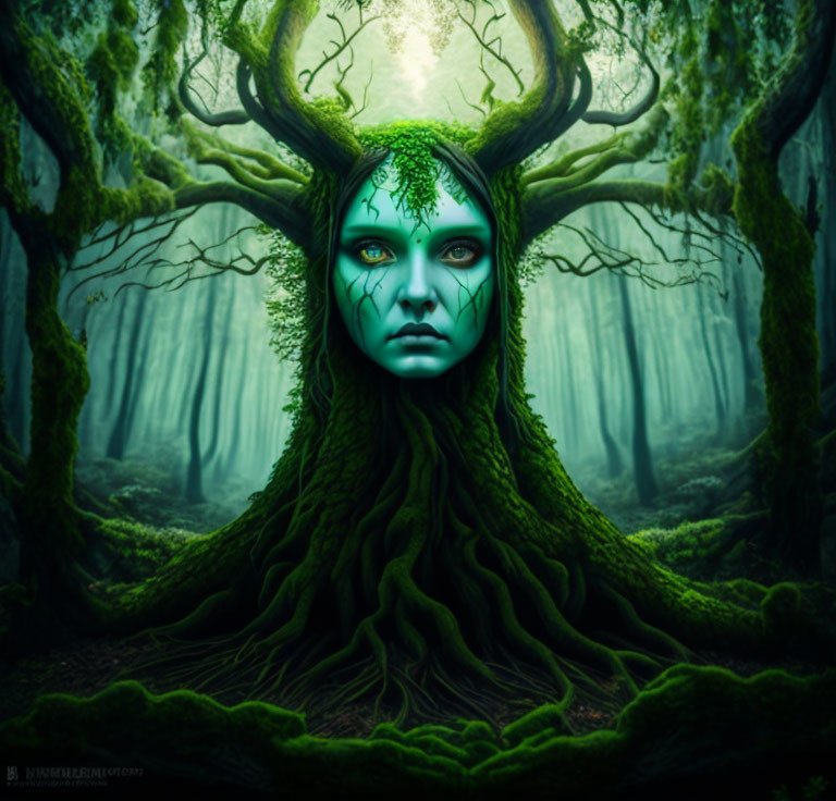 Woman's face melded with tree in mystical image with green skin and branch antlers