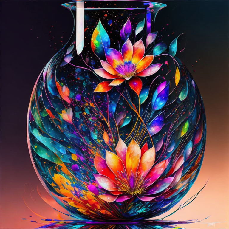 Colorful neon-lit flowers in translucent vase artwork.