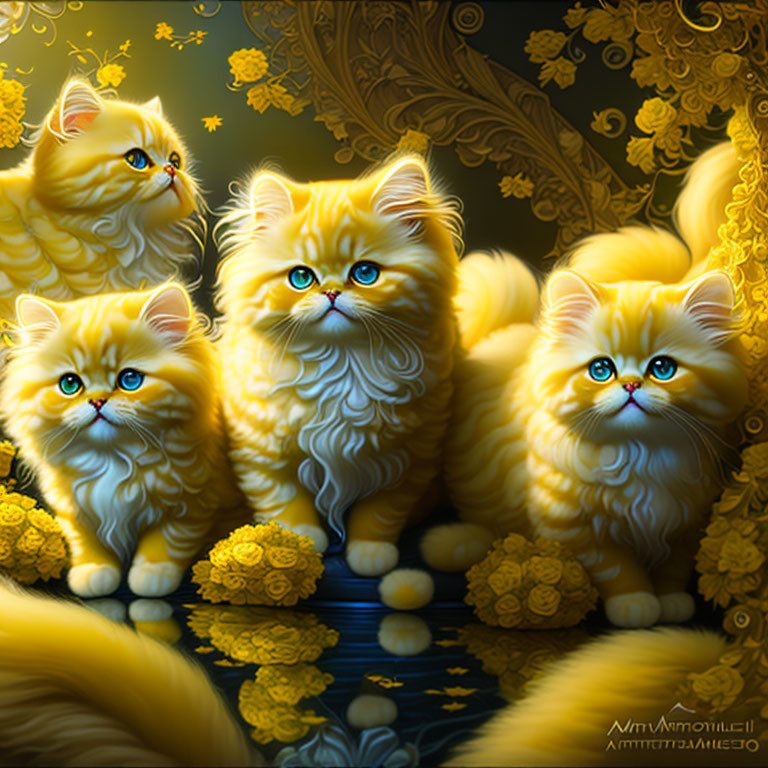 Fluffy golden Persian cats with blue eyes among yellow flowers on dark background