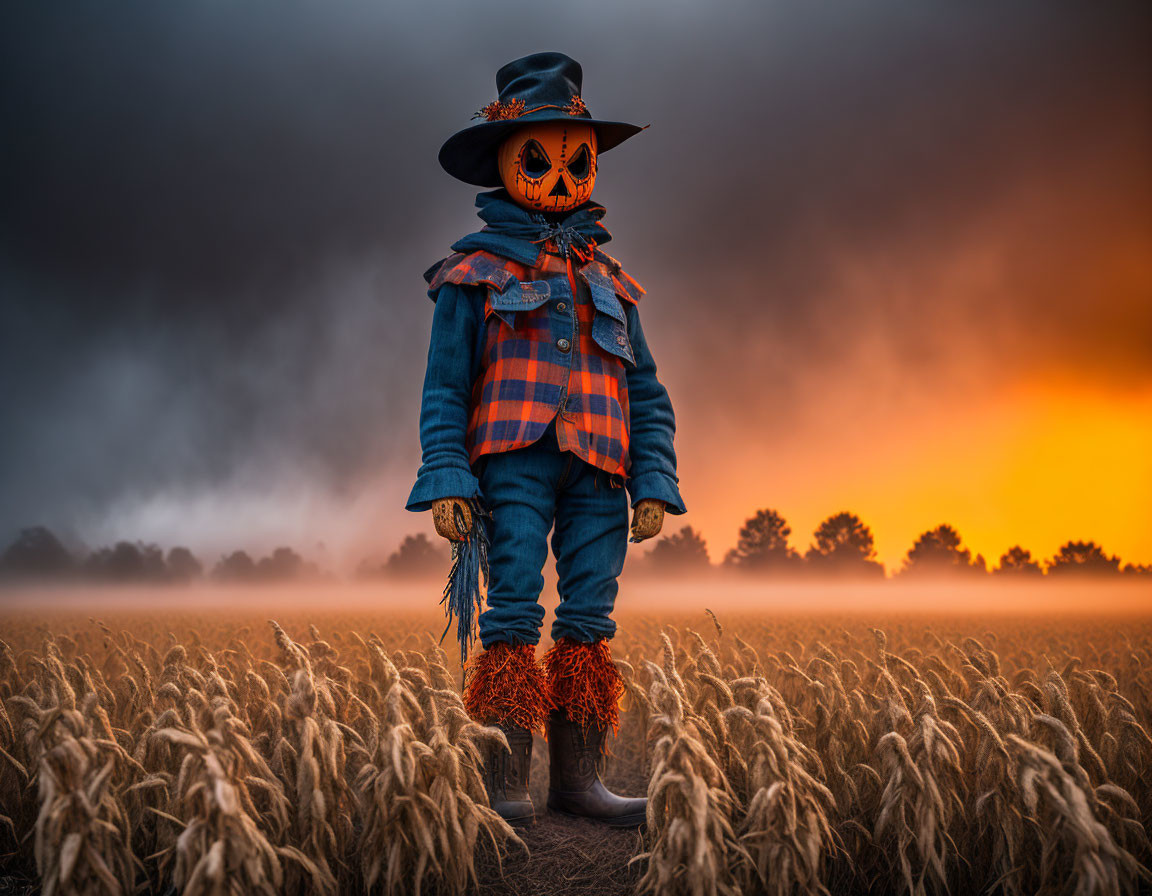 Scarecrow with pumpkin head in wheat field at sunset