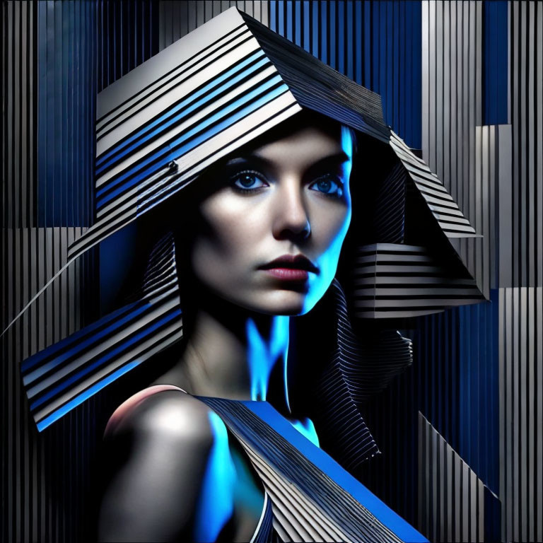 Striking blue-eyed woman in abstract geometric headdress