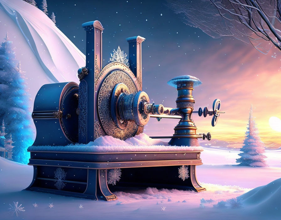 Ornate machine with gears in snowy twilight landscape