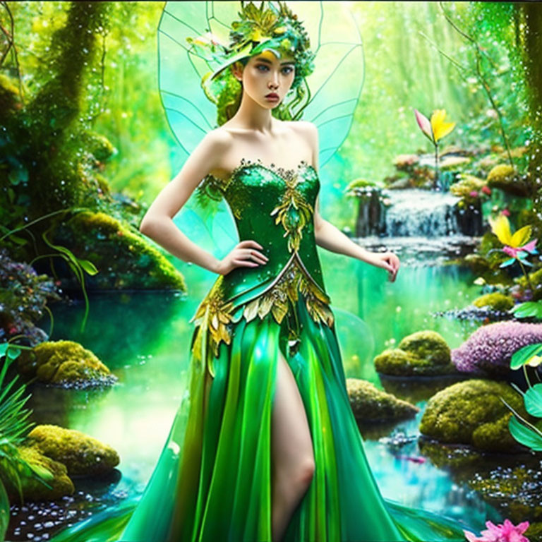 Translucent-winged fairy in green dress in enchanted forest
