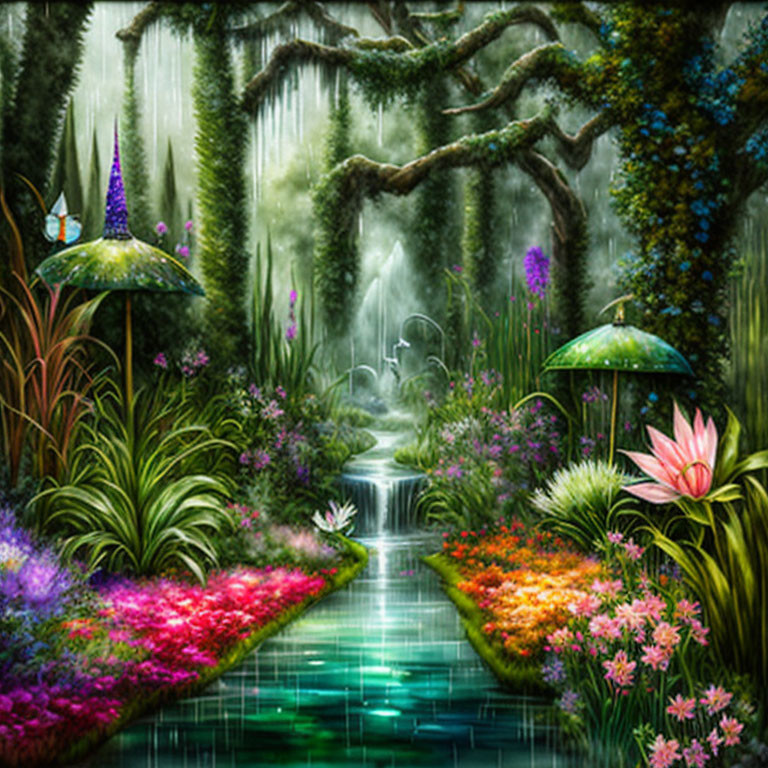 Mystical forest landscape with glowing mushrooms, stream, waterfall, and lush flora