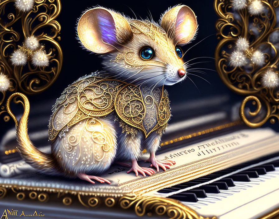 Illustration of a mouse in ornamental armor on piano keys