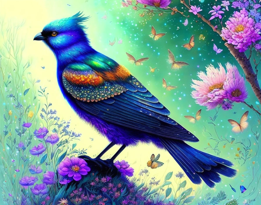 Colorful Bird Illustration Among Flowers and Butterflies in Green Background