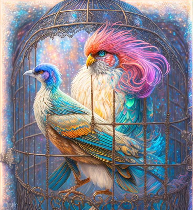 Illustrated image: Two fantastical birds, one perched outside a birdcage, the other