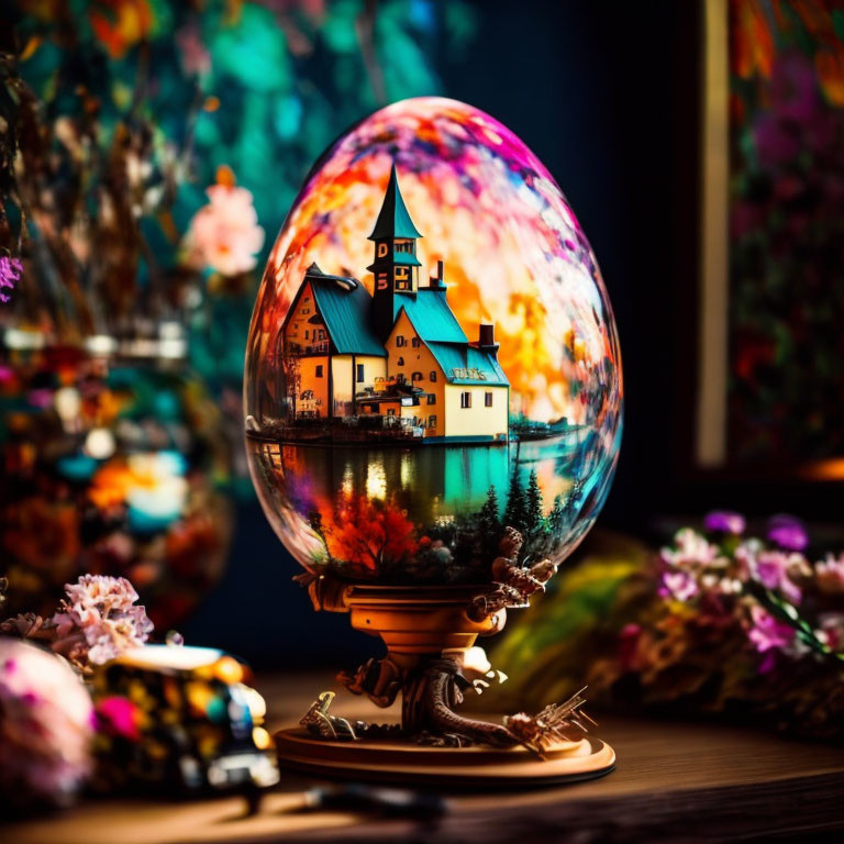 Miniature village snow globe with church and vibrant flowers on table