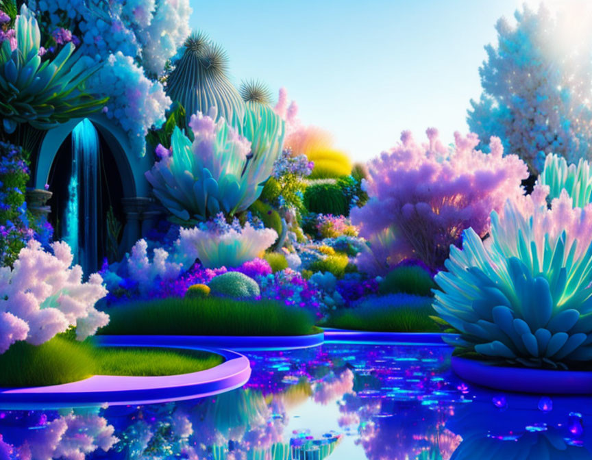 Luminous plants and purple river in vibrant fantasy landscape