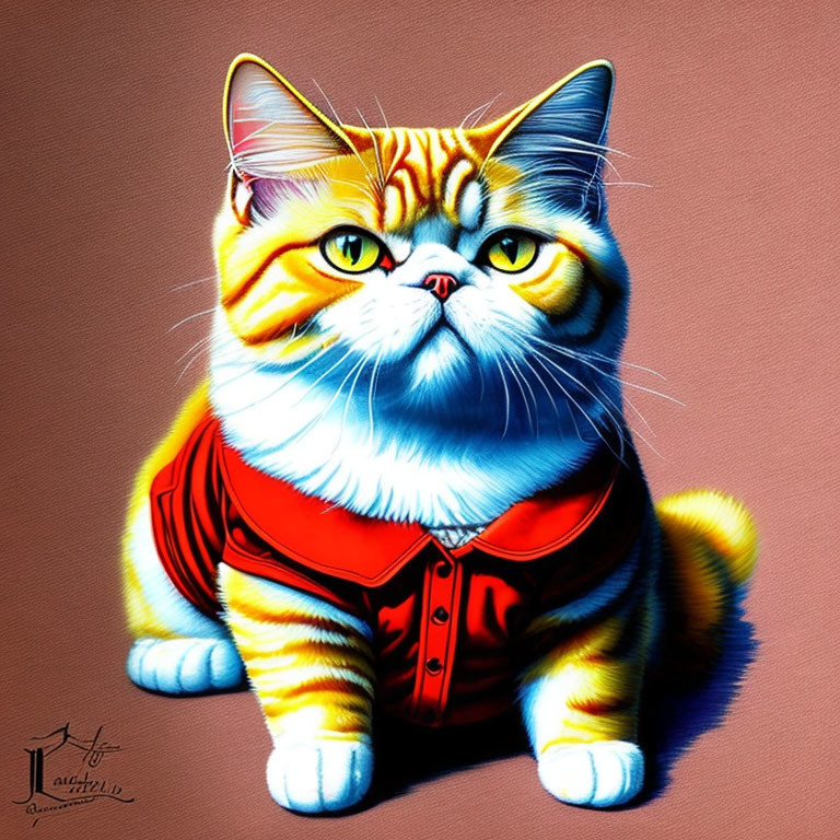 Orange and White Cat Illustration with Bold Stripes and Red Vest on Brown Background