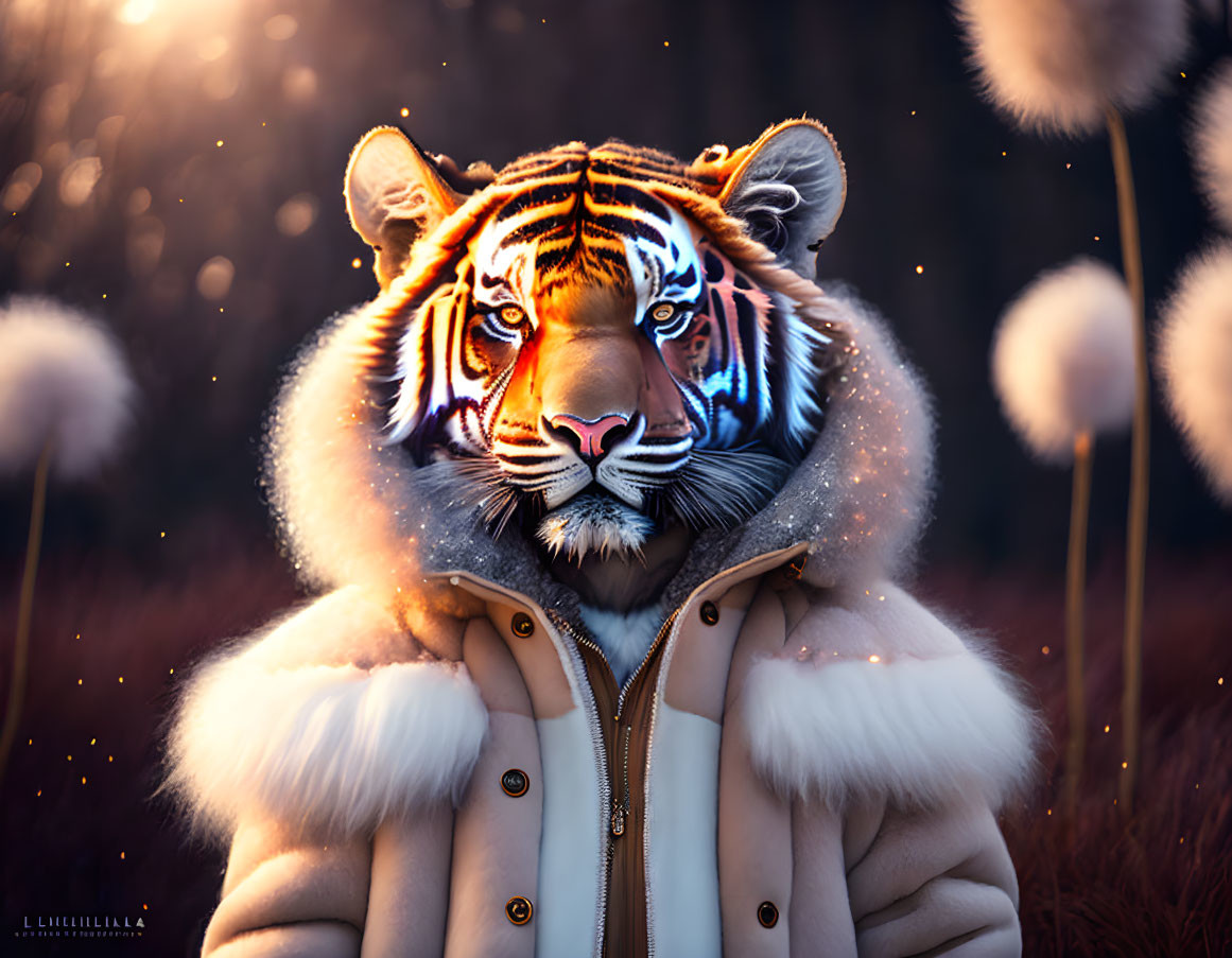 Striking-eyed tiger in cozy hooded jacket among dandelions in warm glow