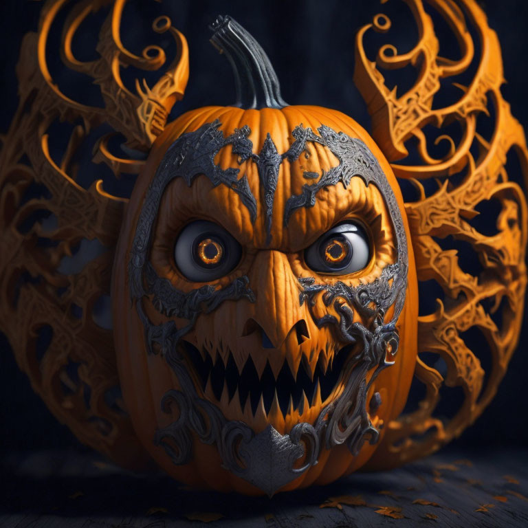 Intricately designed carved pumpkin with menacing face on dark background.