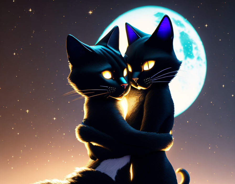 Two black cats with glowing yellow eyes embrace under a full moon.