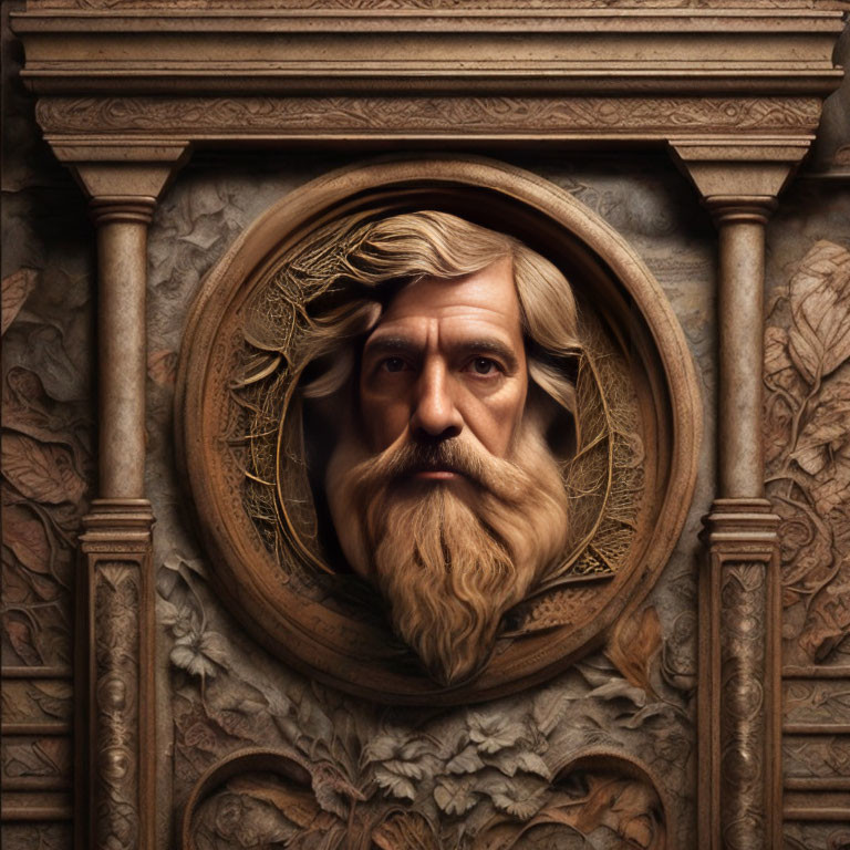 Bearded man portrait in ornate circular frame on carved wood background