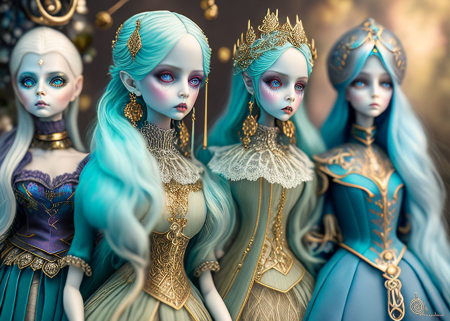 Four ornate fantasy dolls in blue and gold costumes with intricate details and matching blue hair