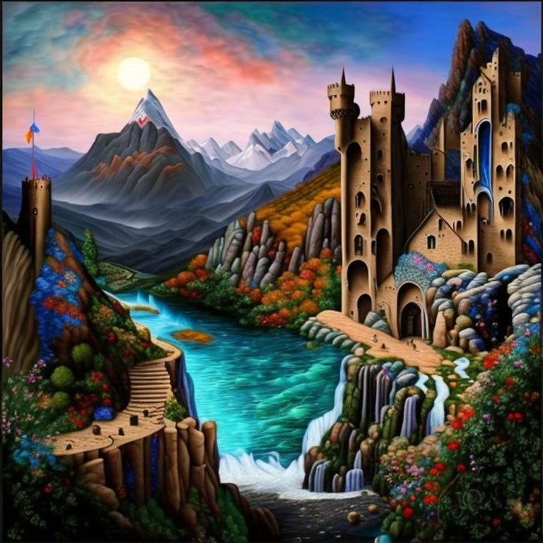 Fantasy landscape featuring castle, waterfall, river, mountains, colorful flora, and sunset sky