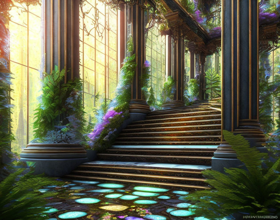 Sunlit Overgrown Atrium with Ferns, Purple Flowers, Grand Staircase, and