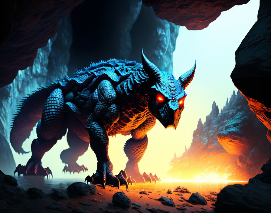 Menacing blue dragon with red eyes in dark cave with glowing lava abyss