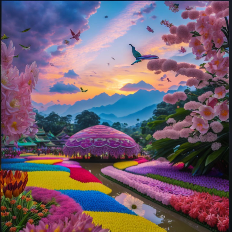 Colorful Flowers, Umbrella, Hummingbirds, Sunset Mountains in Vibrant Fantasy Landscape