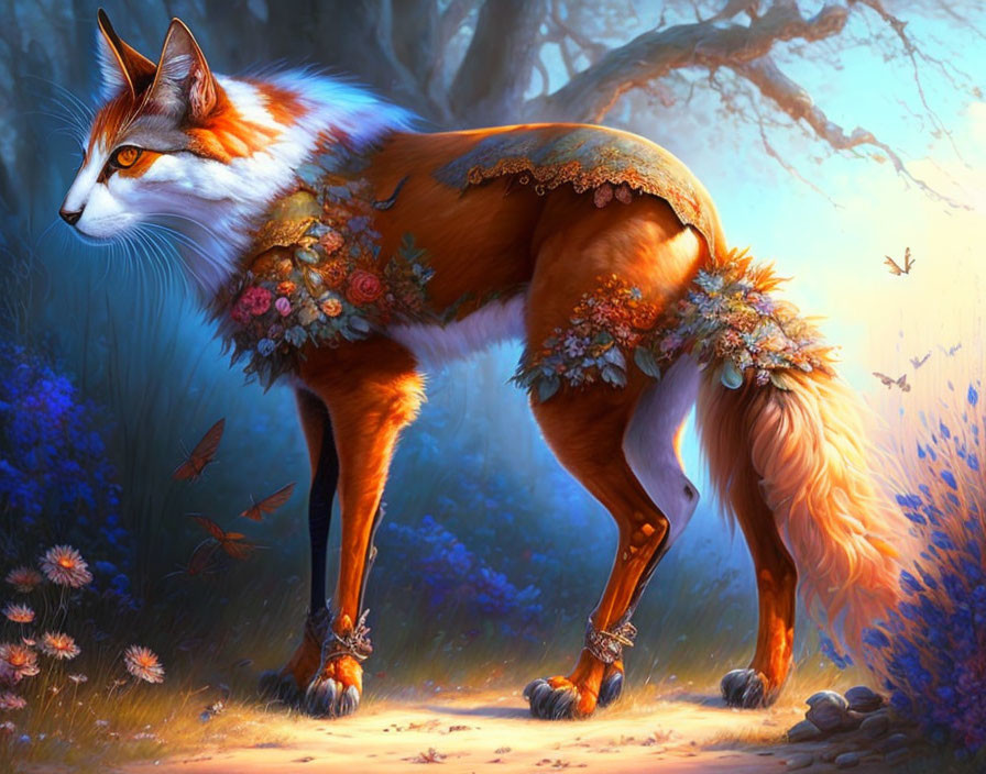 Whimsical fox-deer hybrid with floral adornments in enchanting forest