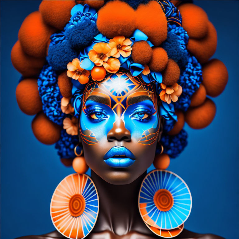 Woman with blue artistic makeup and intricate headdress on blue background