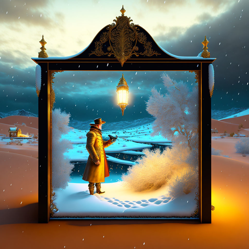 Person in Coat and Hat in Front of Snowy Portal and Desert at Dusk