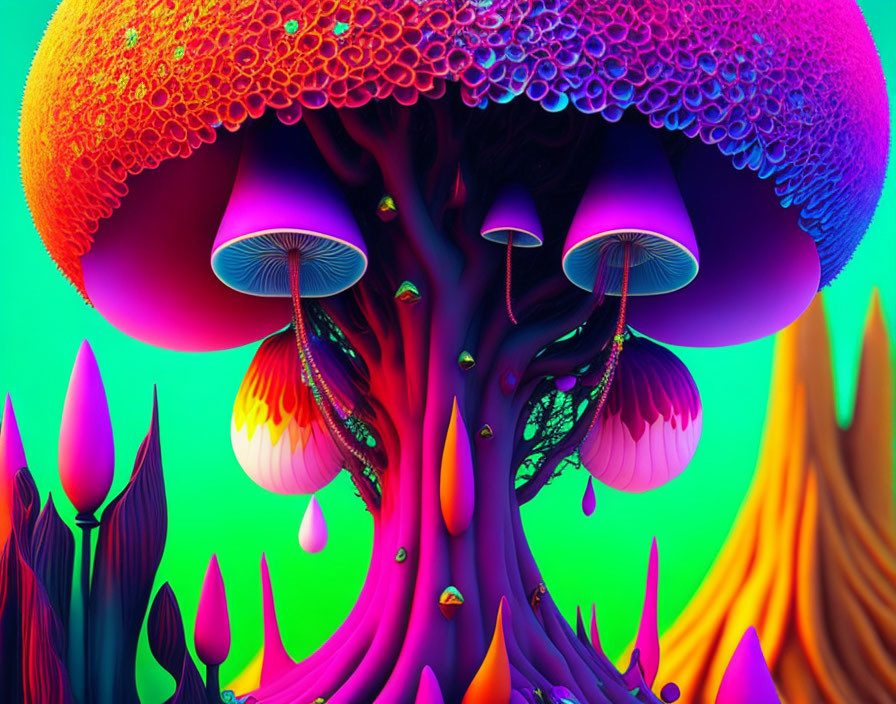 Colorful Psychedelic Mushroom Artwork with Neon Colors and Water Droplets