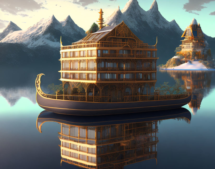 Pagoda-style Structure on Boat Reflecting in Water