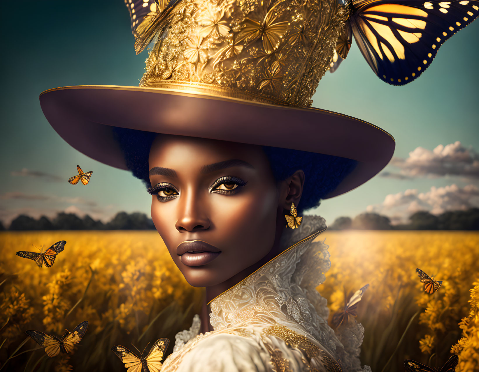 Illustrated woman with striking eyes in gold-embroidered hat surrounded by butterflies in golden field