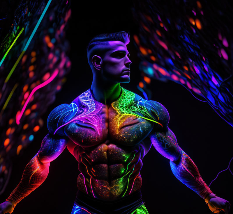 Muscular Figure in Neon Body Paint Under Black Light