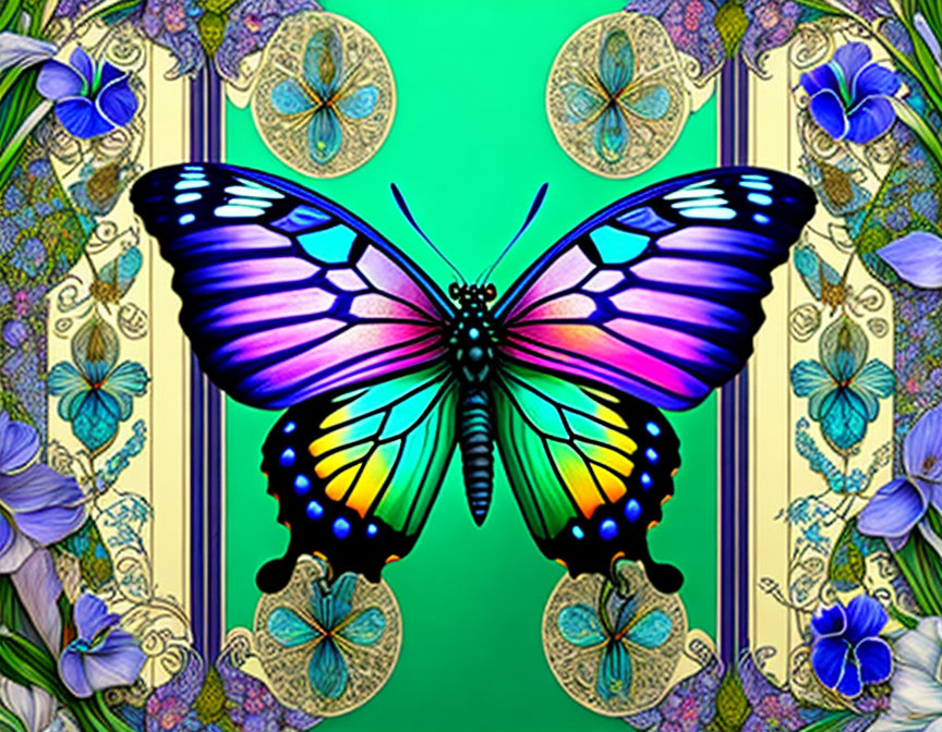 Colorful Butterfly Digital Art Against Floral Background