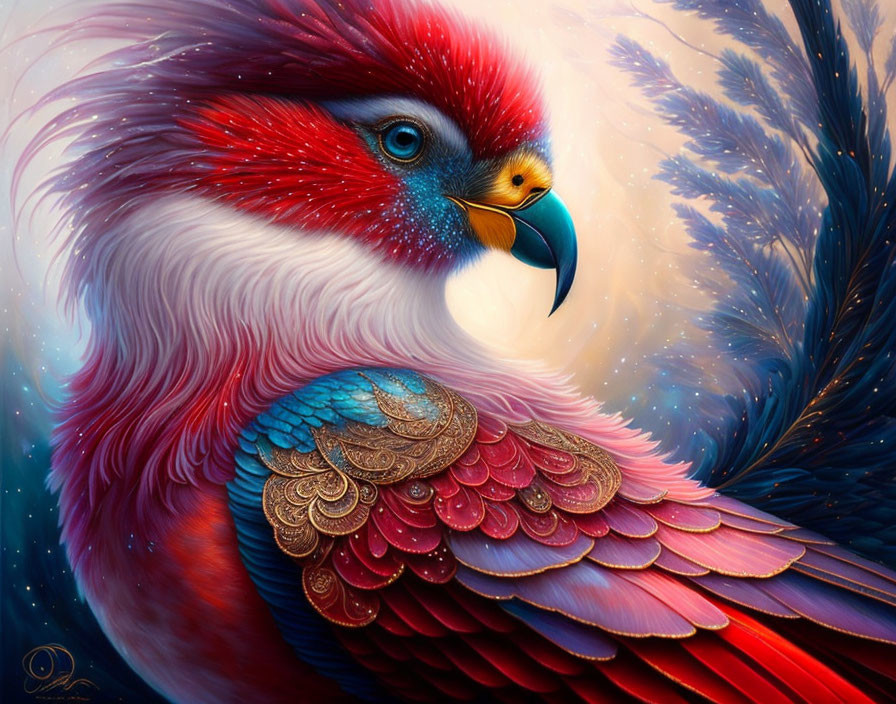 Colorful Fantastical Bird with Red, Blue, and Gold Plumage on Soft-Focus Background