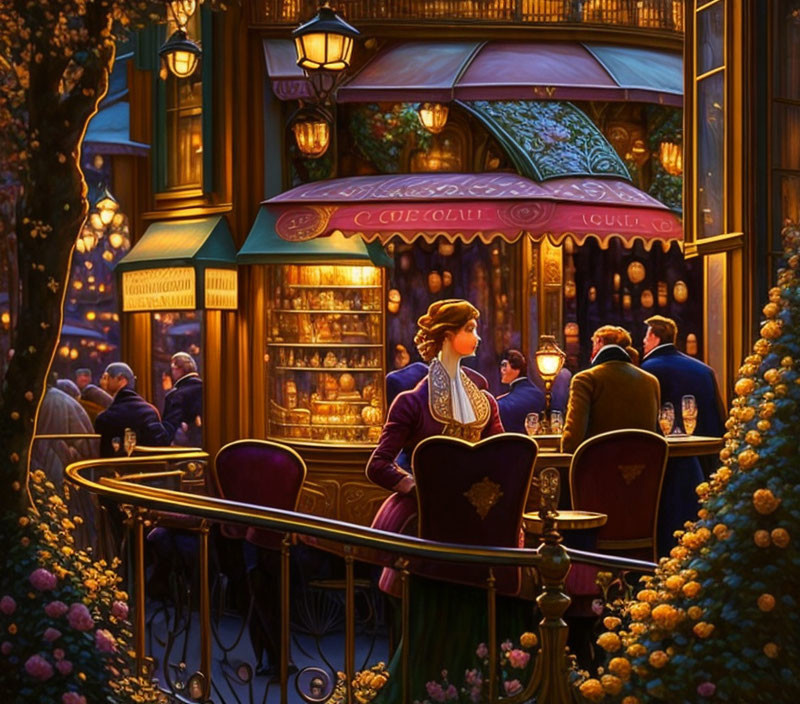 Woman in purple dress at dusk outside cozy, illuminated café.