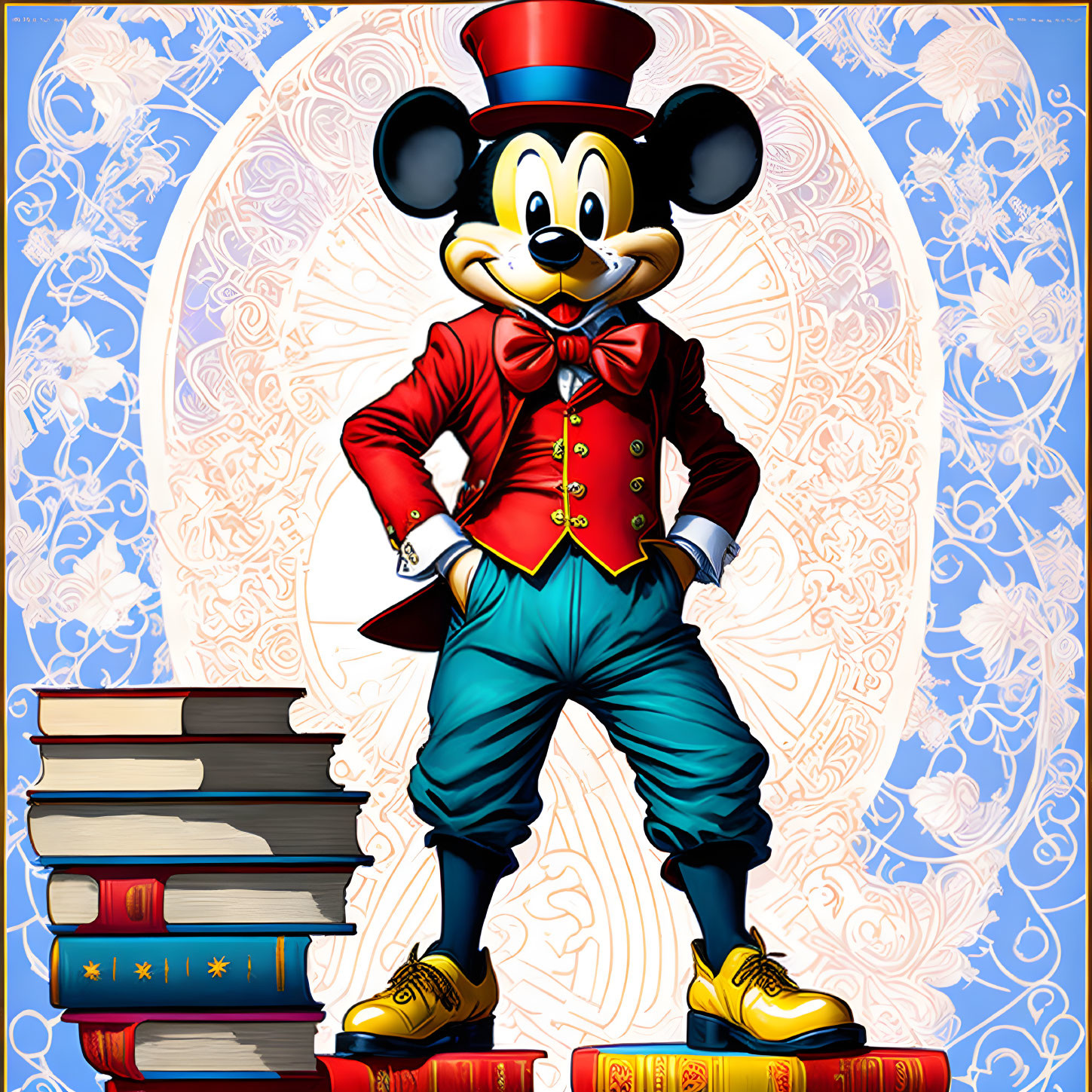 Animated character in red coat and blue pants on stack of books with ornate background