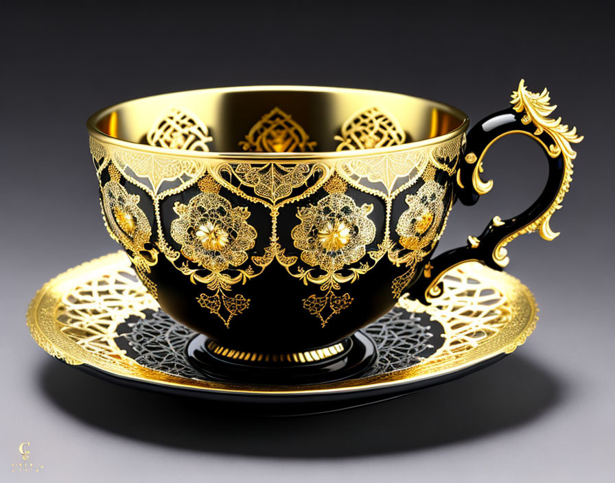 Black and Gold Ornate Cup and Saucer with Lace-like Patterns