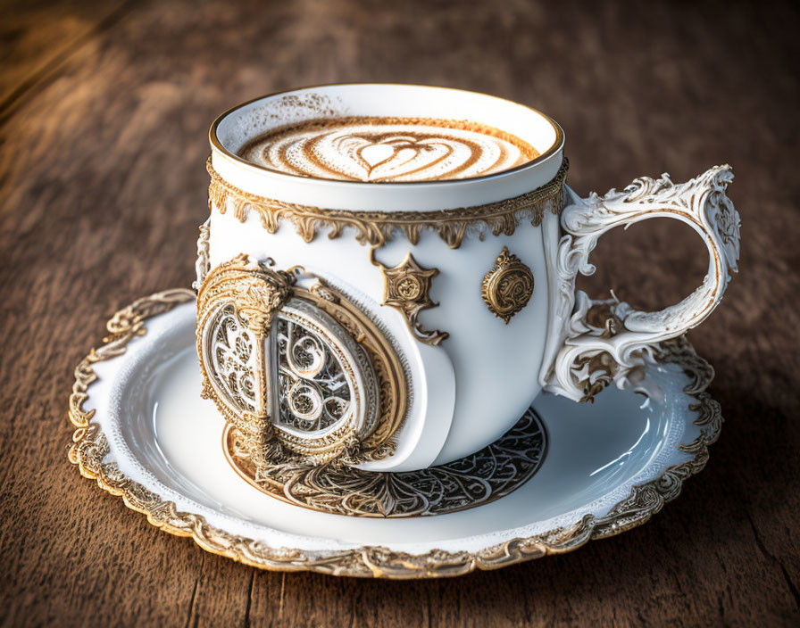 White Cup with Gold and Silver Pattern, Heart Latte Art on Wooden Surface