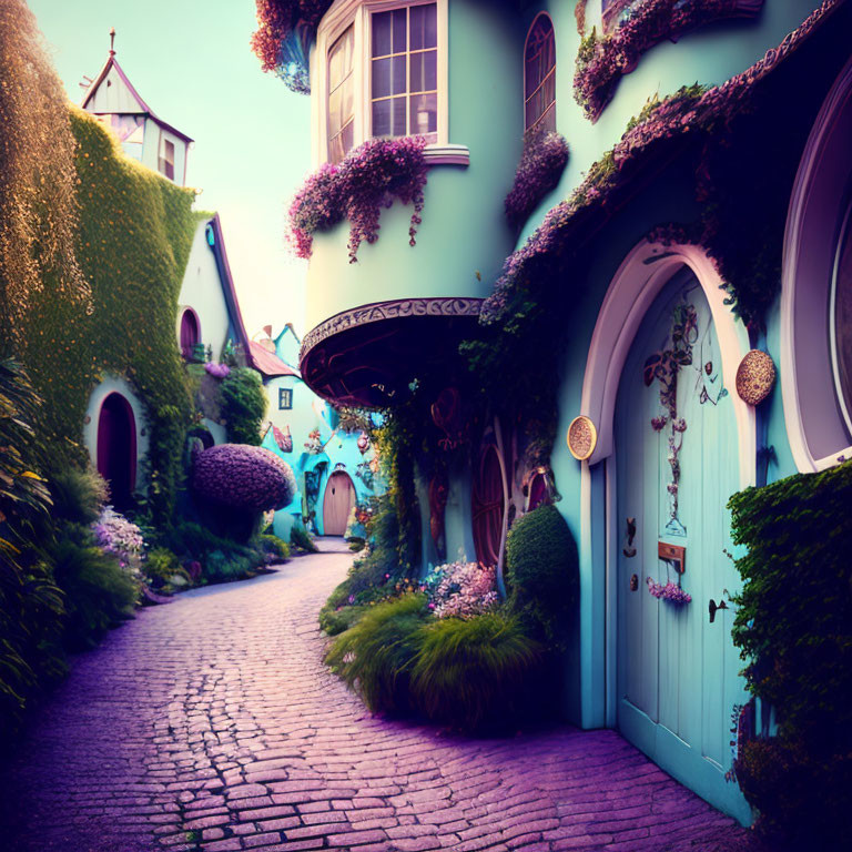 Curved architecture and teal doors in a whimsical village setting