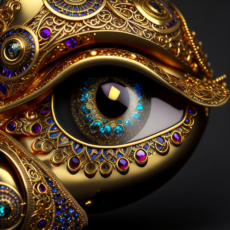 Intricate golden mechanical eye with jewel details