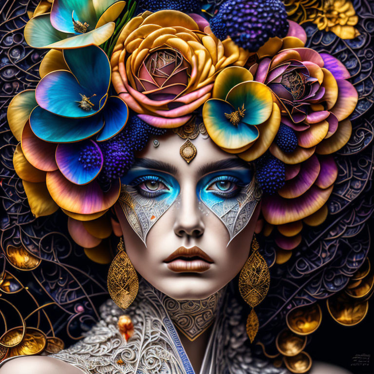 Digital artwork: Woman with floral headpiece, face paint, blue eyes, ornate jewelry on dark