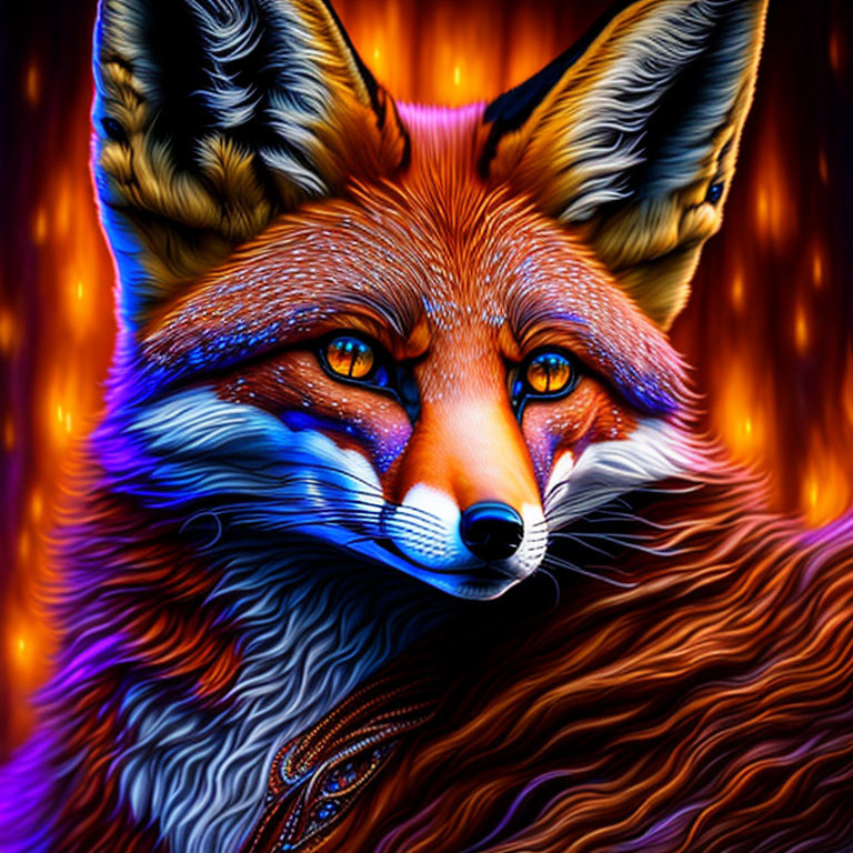 Colorful Fox Artwork with Detailed Fur on Abstract Background