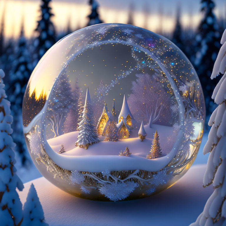 Snow globe wintry scene with twinkling lights, snowy trees, and miniature houses.