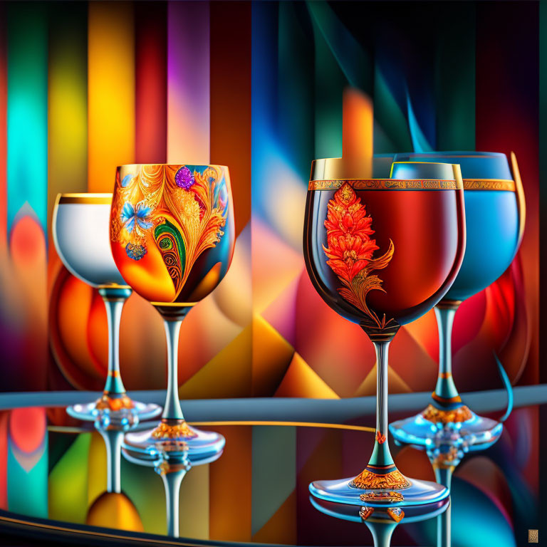 Ornate wine glasses on glossy surface with abstract background