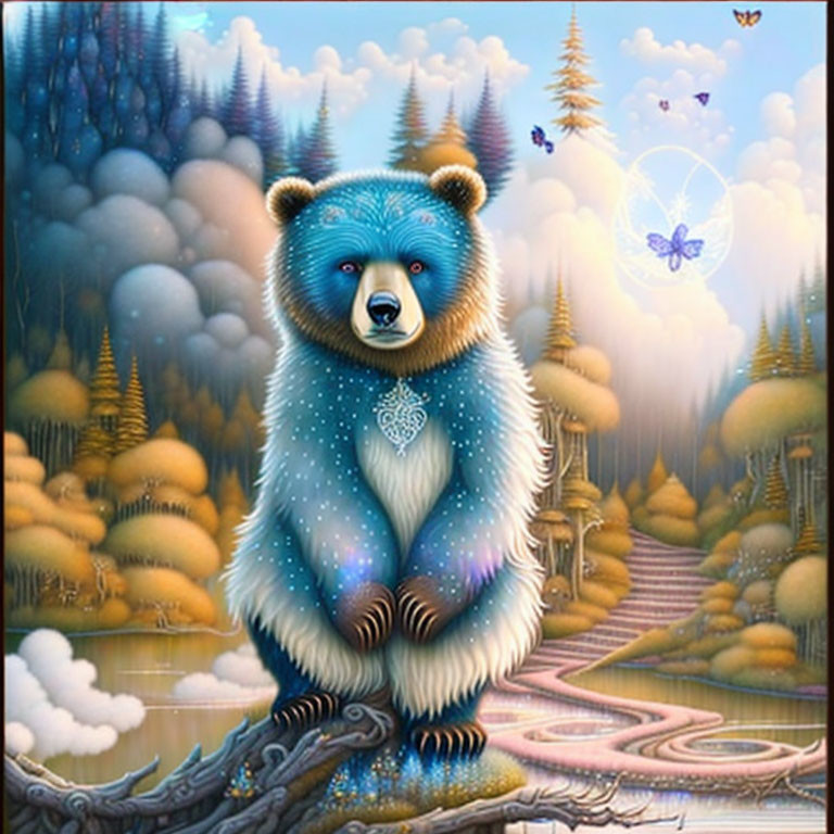 Blue bear with intricate patterns in vibrant, mystic forest