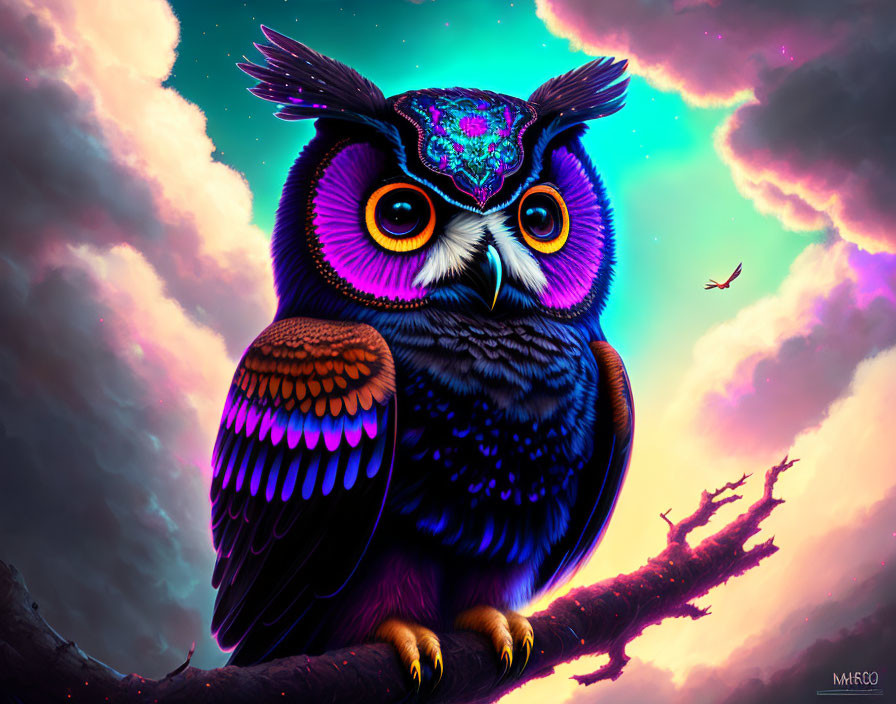 Colorful Owl Artwork Against Surreal Twilight Sky