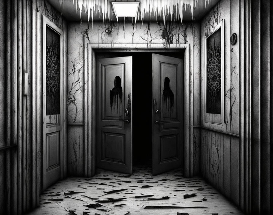 Decrepit hallway with peeling walls, flickering light, open doors, and dark silhou