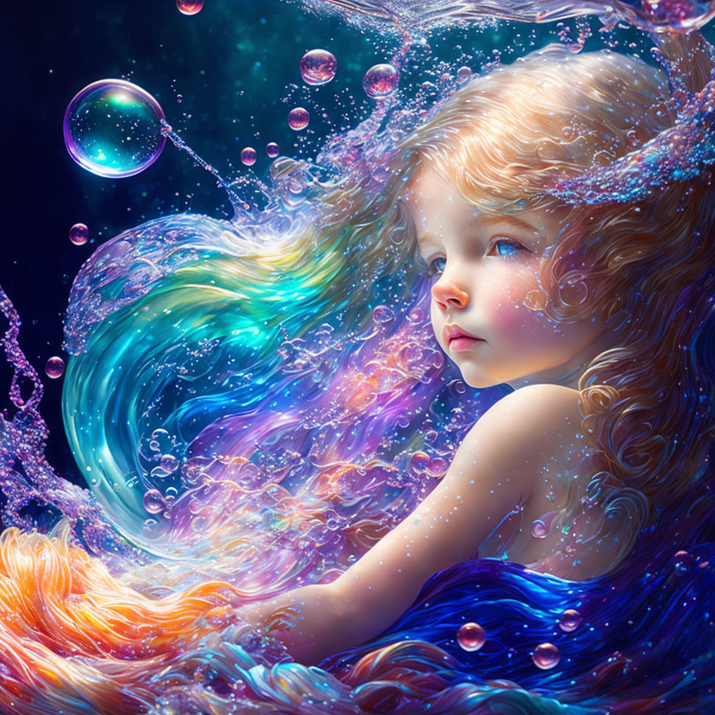 Fantasy illustration of young girl with cosmic nebula hair and bubbles on starry night.