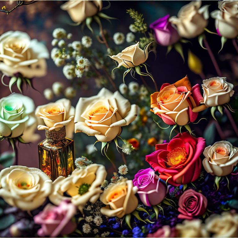 Colorful array of roses with amber bottle on moody backdrop