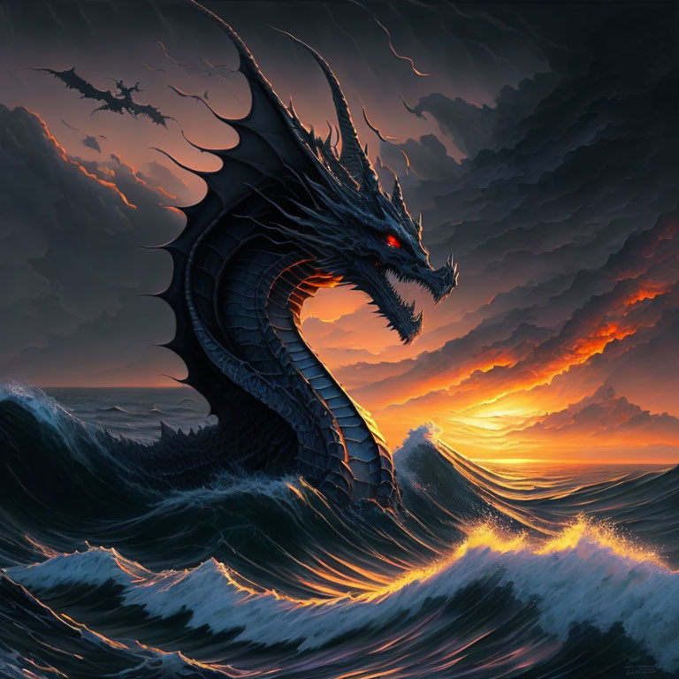 Majestic Dragon Emerges from Stormy Ocean Waves at Sunset